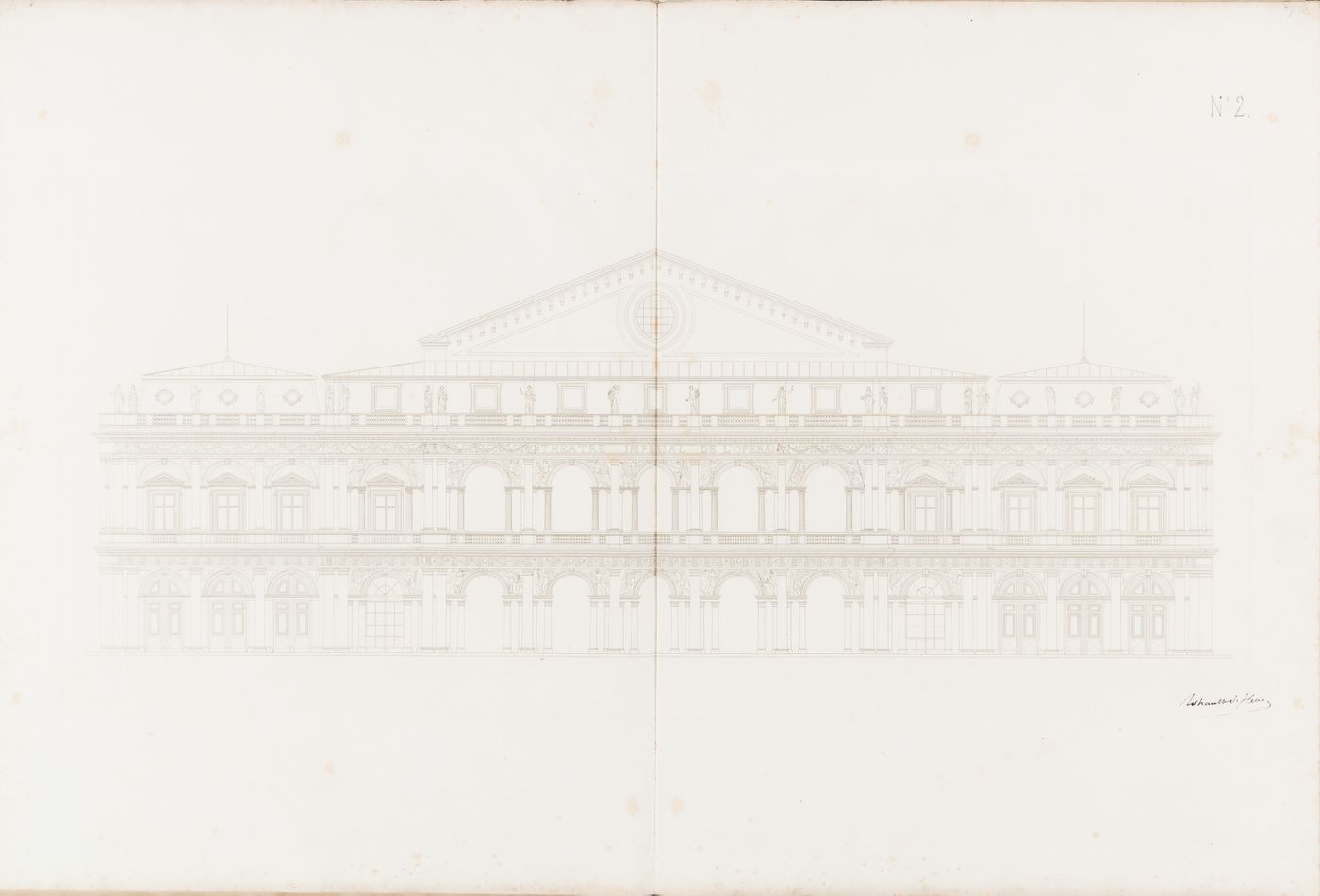 Project for an opera house for the Théâtre impérial de l'opéra: Elevation for the principal façade