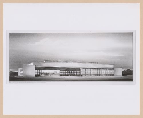 Photograph of a perspective drawing for or of the principal or rear façade of a hangar, United States Atlantic Coast Naval Air Base, Squantum Point, Massachusetts