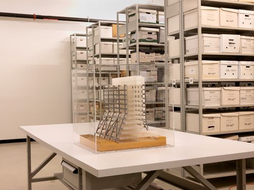 The Museum Is Not Enough: View of James Stirling's presentation model for Dorman Long Headquarters, Middlesbrough, England, 1965-67, in storage space