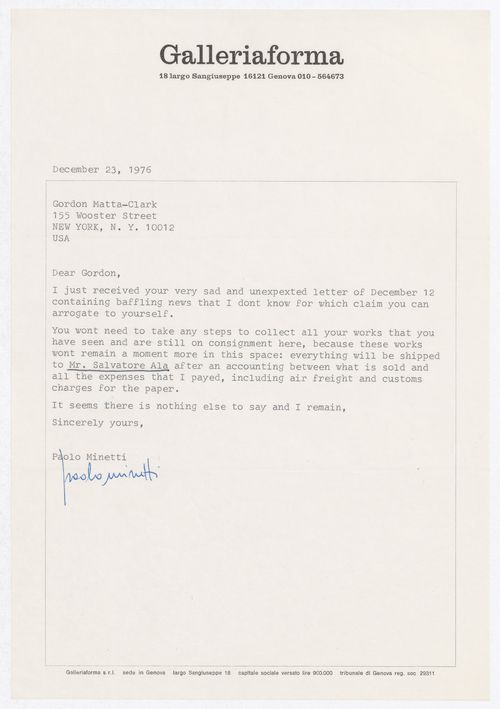 Letter from Paolo Minetti to Gordon Matta-Clark