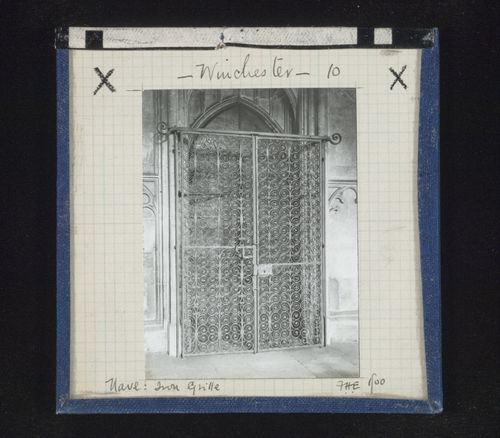 View of iron grille in nave of Winchester Cathedral, Winchester, Hampshire, England