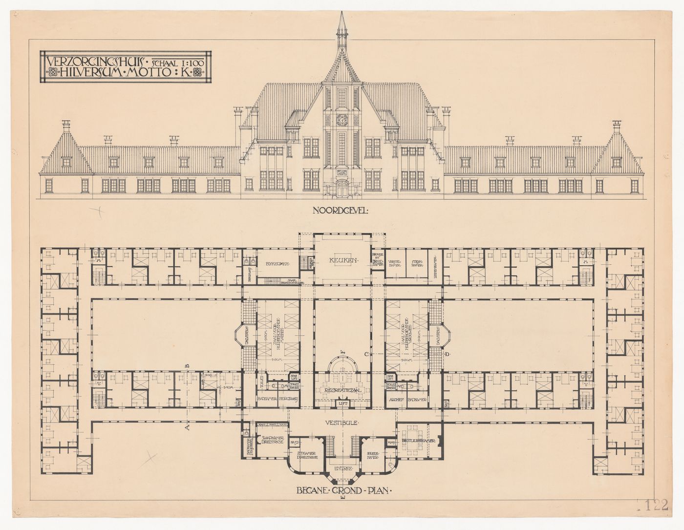 Competition drawing showing a north elevation and ground floor plan for a retirement home, Hilversum, Netherlands