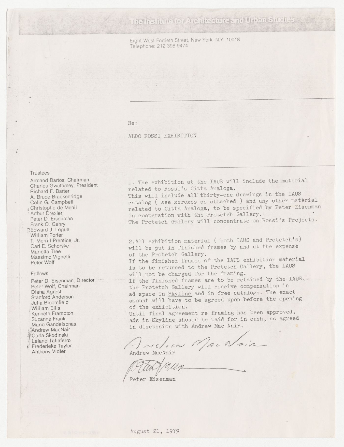 Letter from Peter D. Eisenman and Andrew MacNair about Aldo Rossi exhibition