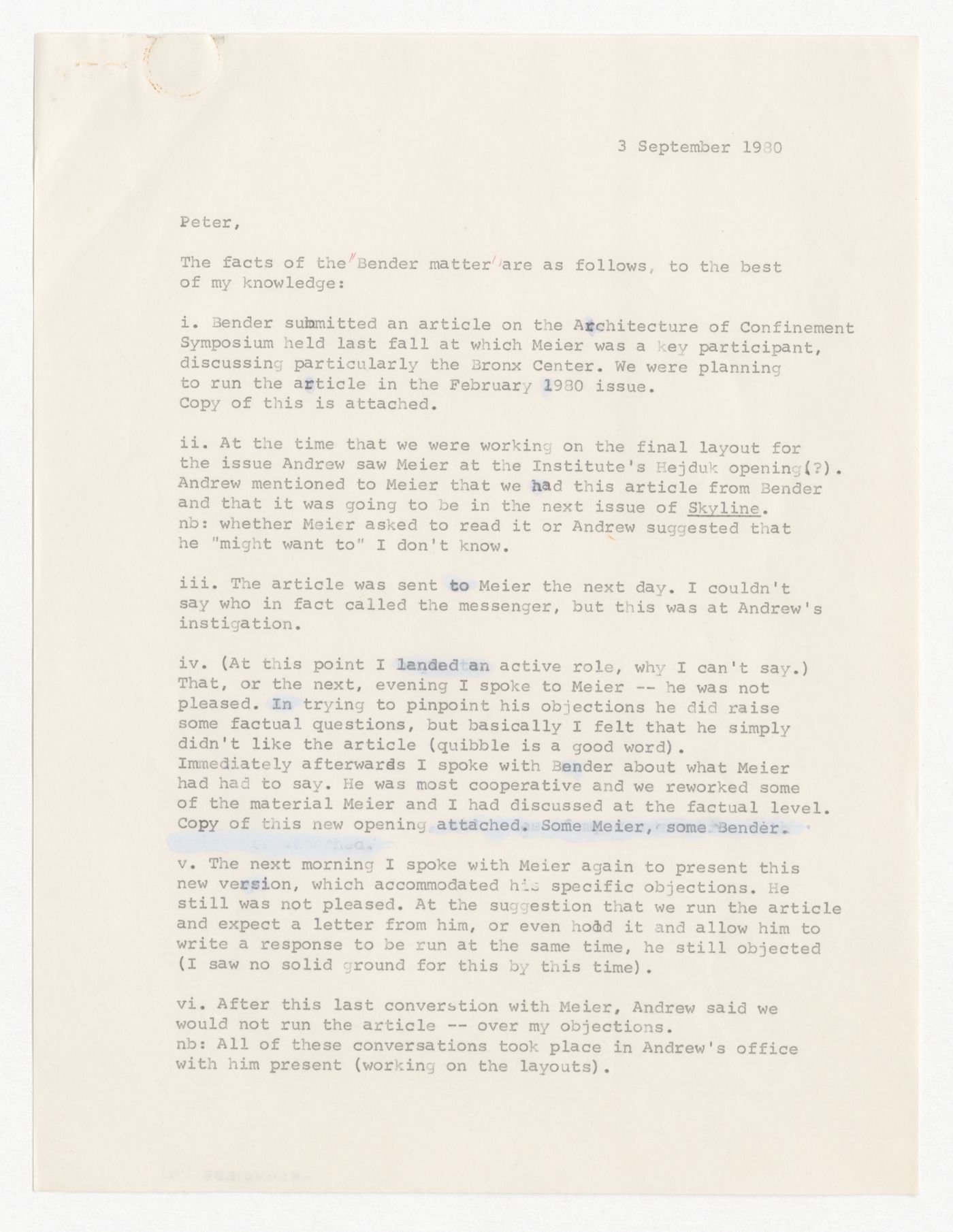Letter from Margot Jacqz to Peter D. Eisenman about the retraction of an article by Thomas Bender from Skyline