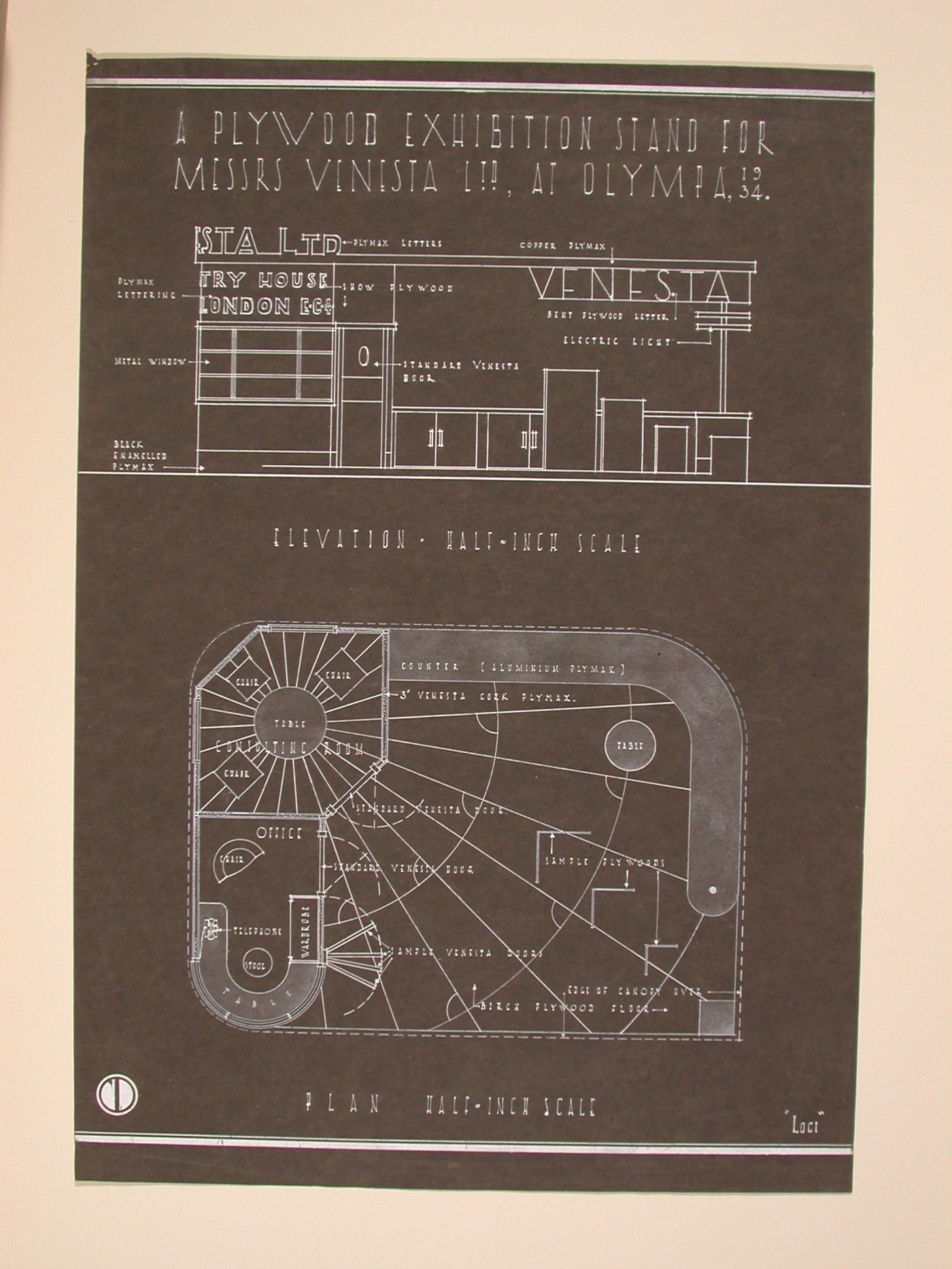 Competition drawing for a plywood exhibition stand for Venesta Plywood