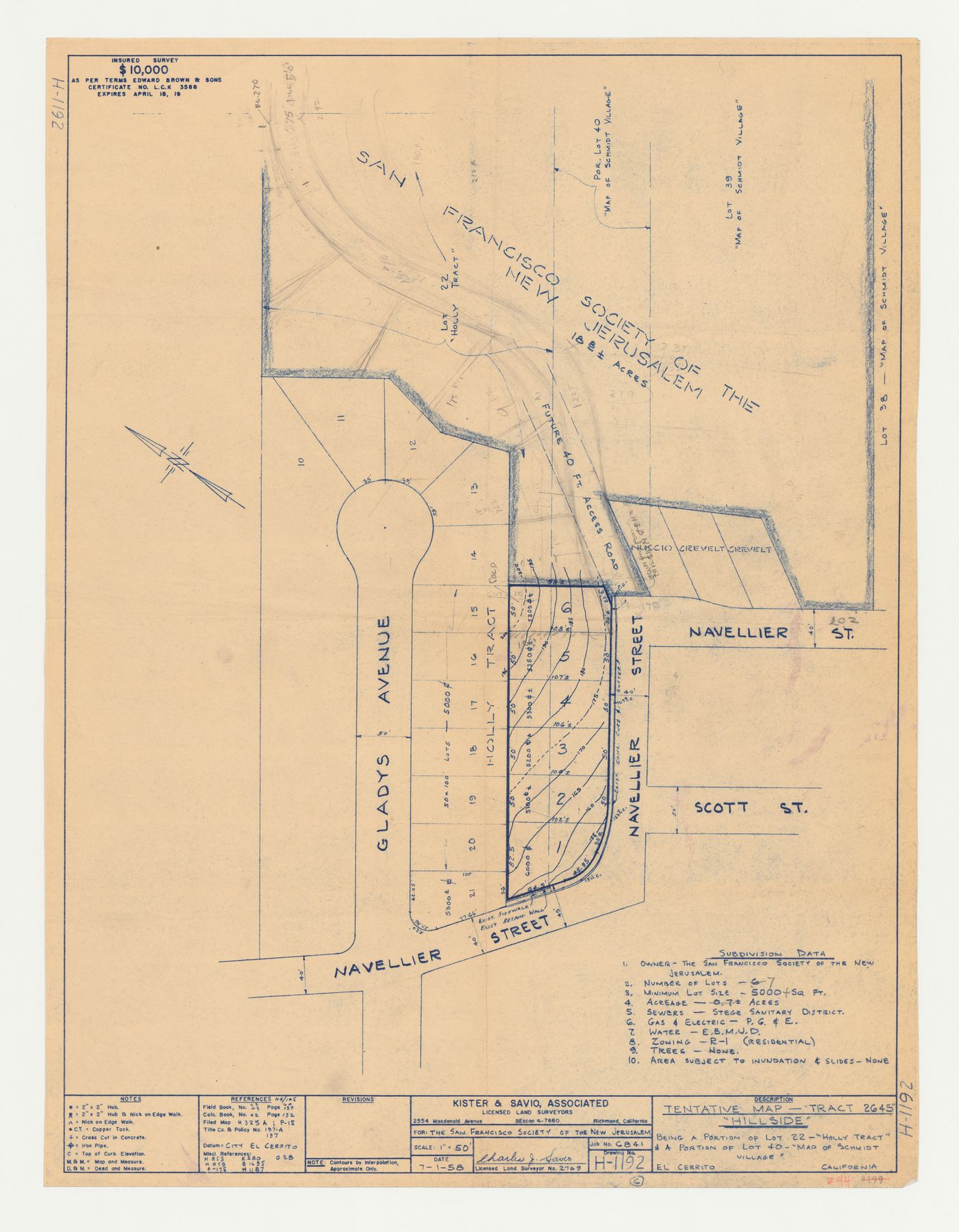 Swedenborg Memorial Chapel, El Cerrito, California: Sketches for lot subdivision on a survey map of the site