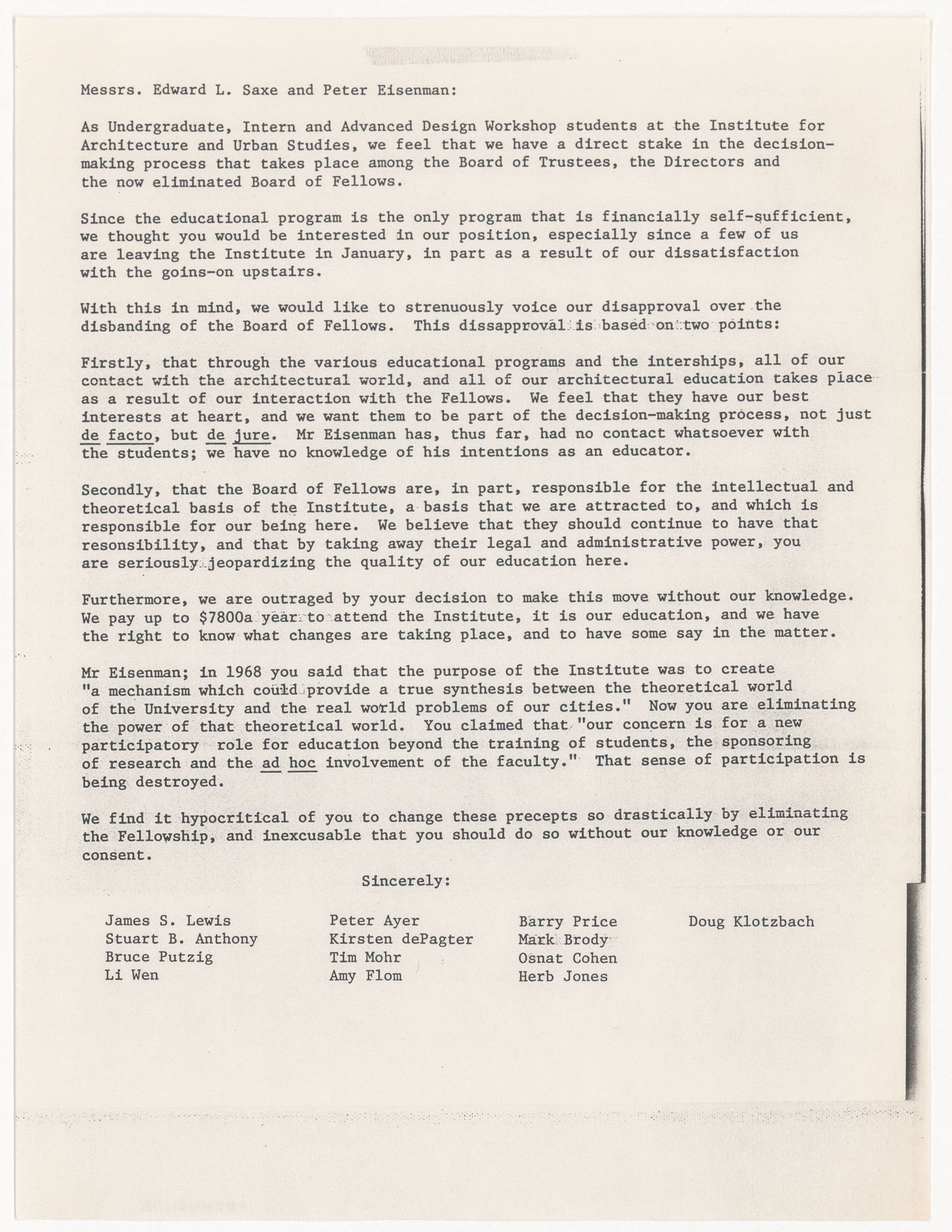 Memorandum from IAUS students to Edward L. Saxe and Peter D. Eisenman about the disbanding of the Board of Fellows