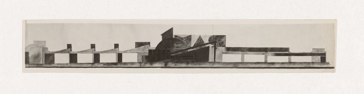 Photograph of a student drawing and a model for the exercise "Design of Surface. Holiday Decoration of the Viaduct on Kalanchevskaia Square in Honor of the 1 May" for the "Space" course at the Vkhutein (Moscow Higher Technical Institute), Moscow