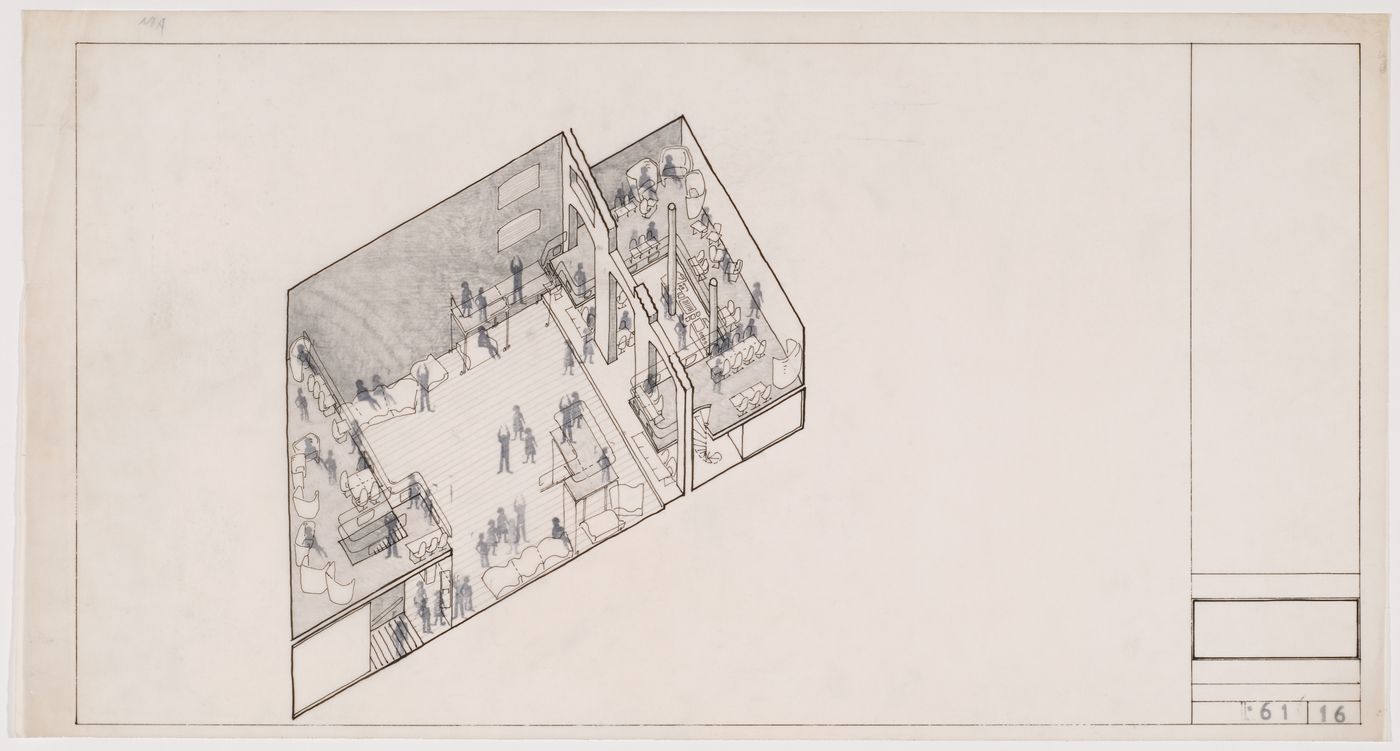Axonometric interior view with figures and furniture for Donmar Theatre, London, England