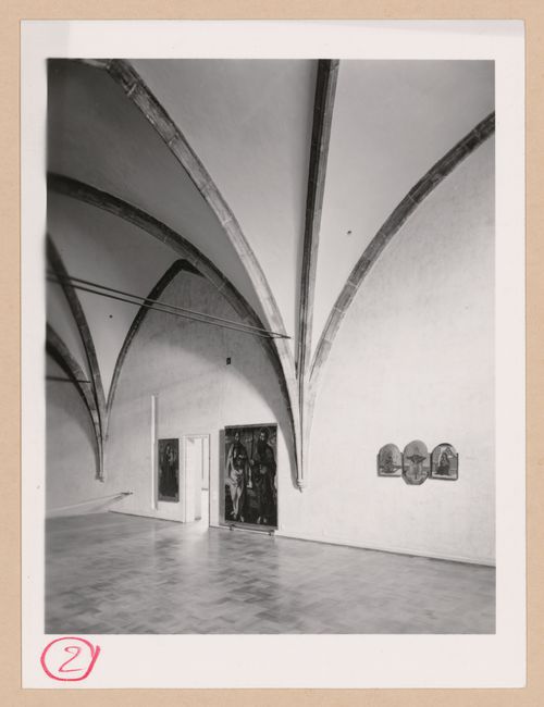 Interior view of a gallery showing paintings, Palazzo Abatellis, Galleria regionale della Sicilia, Palermo, Italy