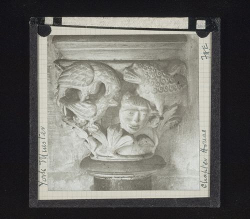 View of capital with two birds, head, and grotesque figure in Chapter House of York Minster, York, North Yorkshire, England