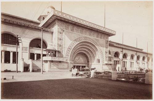 View of the east entrance to the Transportation Building showing the undulating arches around the entranceway, 1893 Chicago World's Columbian Exhibition, Chicago, Illinois