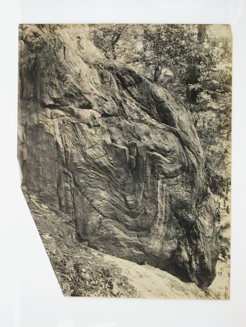 Close-up view of rock meant to become a section of a clubhouse fireplace, Longue Vue Golf Course, New York [?], United States