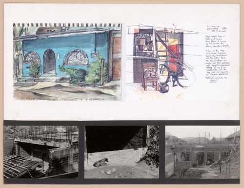 Presentation panel with page of a sketchbook, painting rendering of a house, and photographs of houses and a dog for the Urban Upgrading project La Esperanza, in Zihuatanejo, Mexico