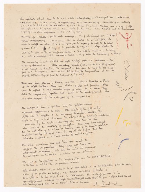 Handwritten text and sketches explaining the rationale of a mural intended for the façade of a building by Aditya Prakash
