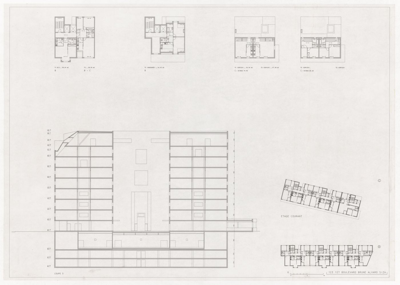 Floor plans and section for Plano Urbanístico Boulevard Brune, Paris, France