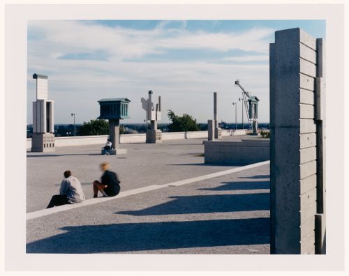 CCA Garden: View of the esplanade and the allegorical columns, Montréal, Québec, Canada
