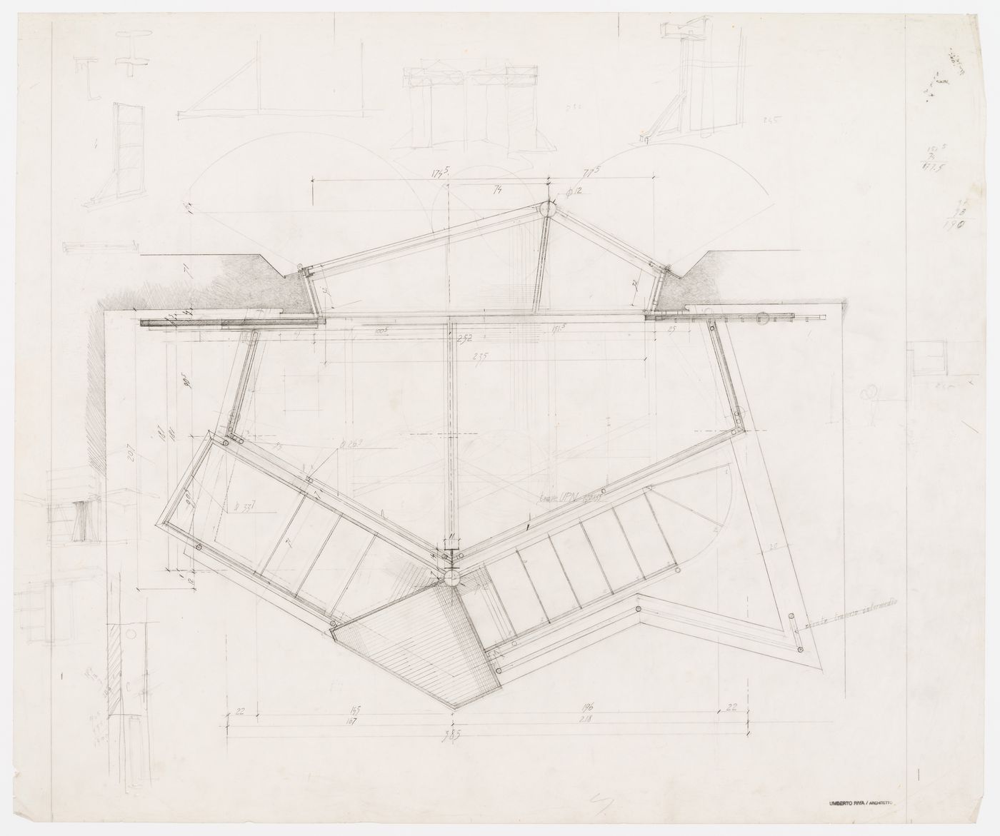 Plan of loggia between dining room and garden for Casa Frea, Milan, Italy