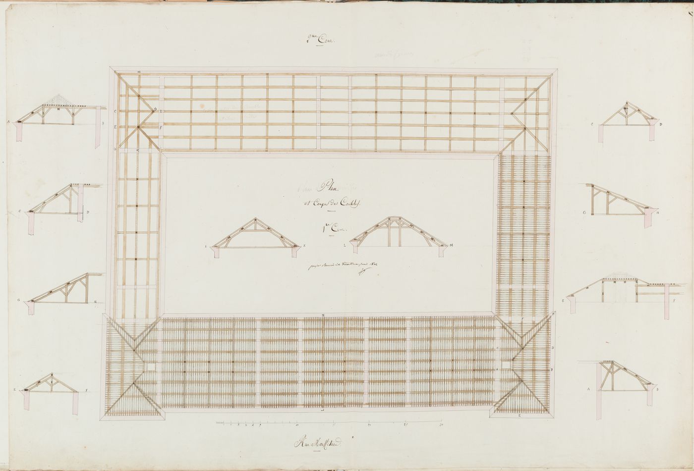 Project for the caserne de la Gendarmerie royale, rue Mouffetard: Cutaway plan and sections showing the roof trusses for the buildings surrounding the first courtyard