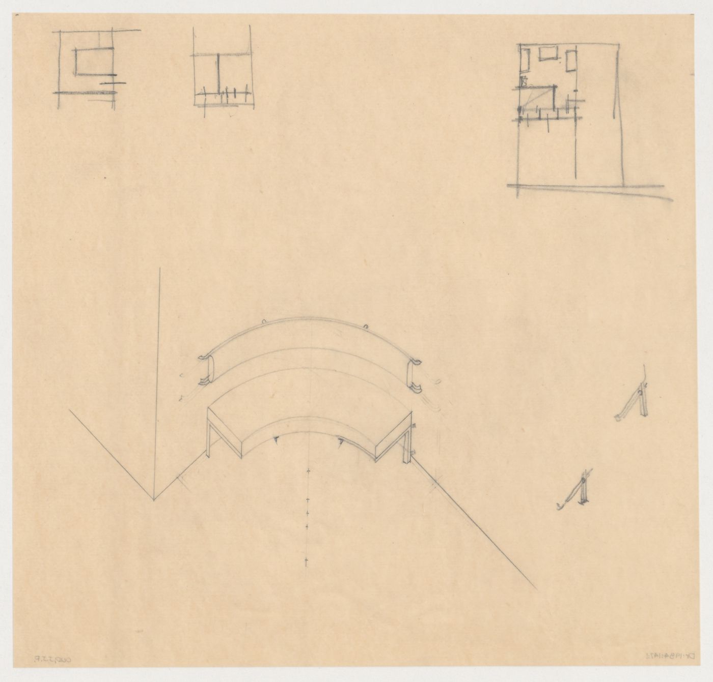 Axonometric and details for a built-in hall bench for Villa Allegonda, with partial sketch plans, probably for Villa Allegonda, Katwijk aan zee, Netherlands