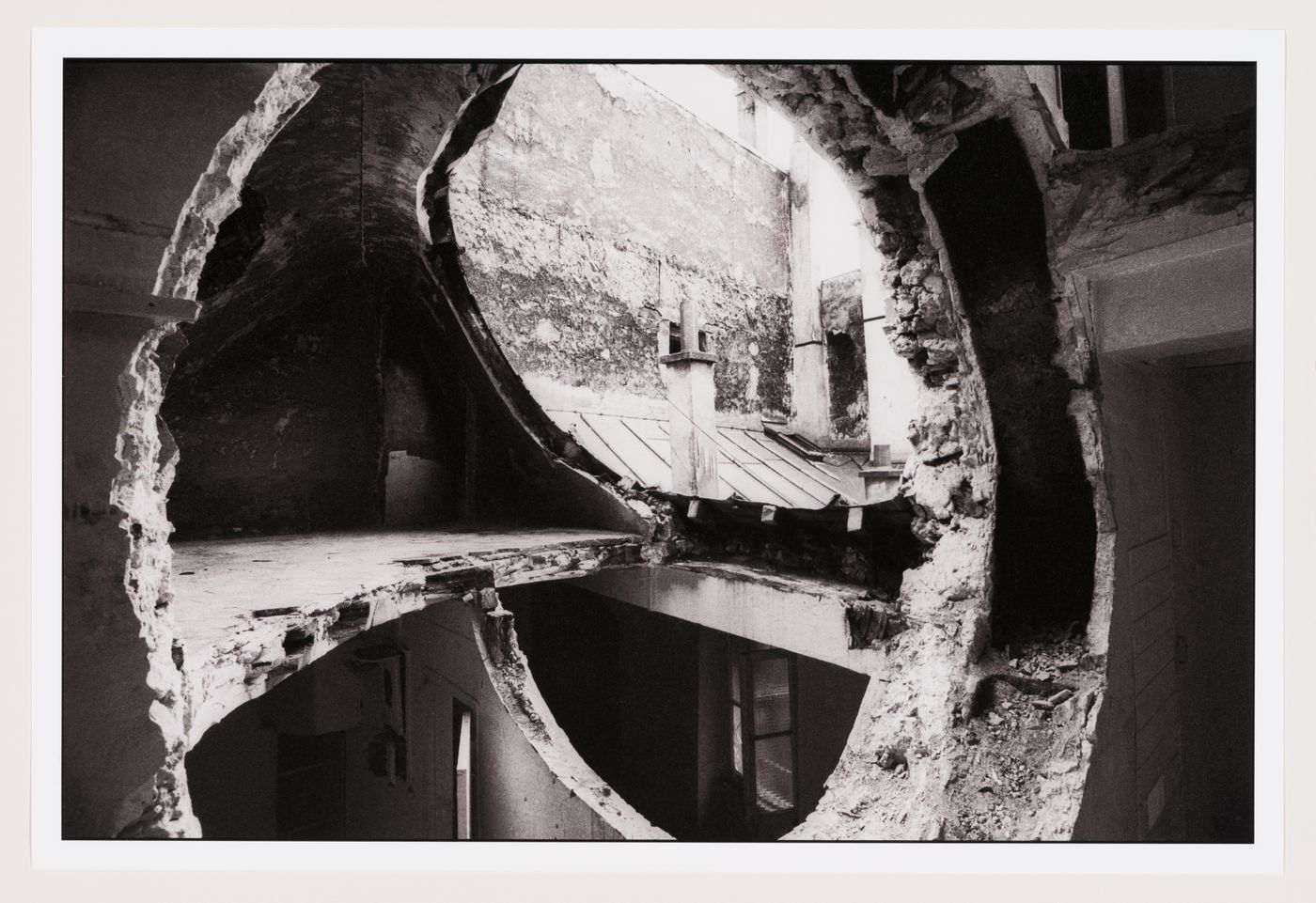 Interior view of Gordon Matta-Clark's Conical Intersect, Paris