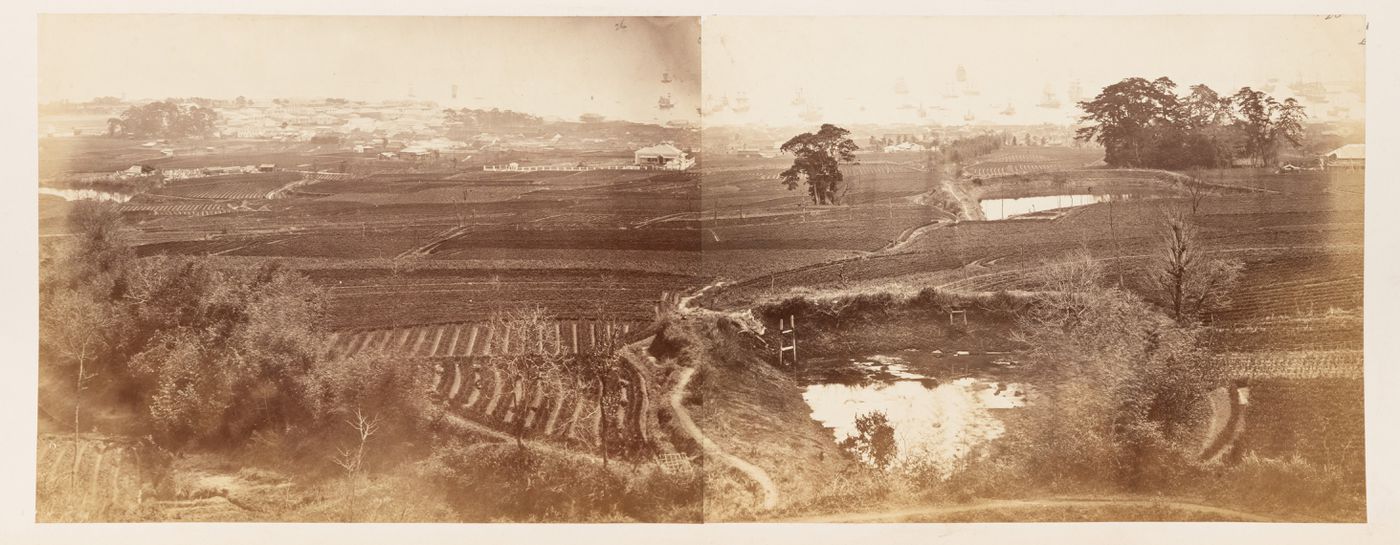 Panorama of farmland and Kobe showing the foreign settlement, Japan