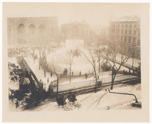 View of the Ice Maze from above with Basilique Notre-Dame in the left background, Place d'Armes, Montréal, Québec