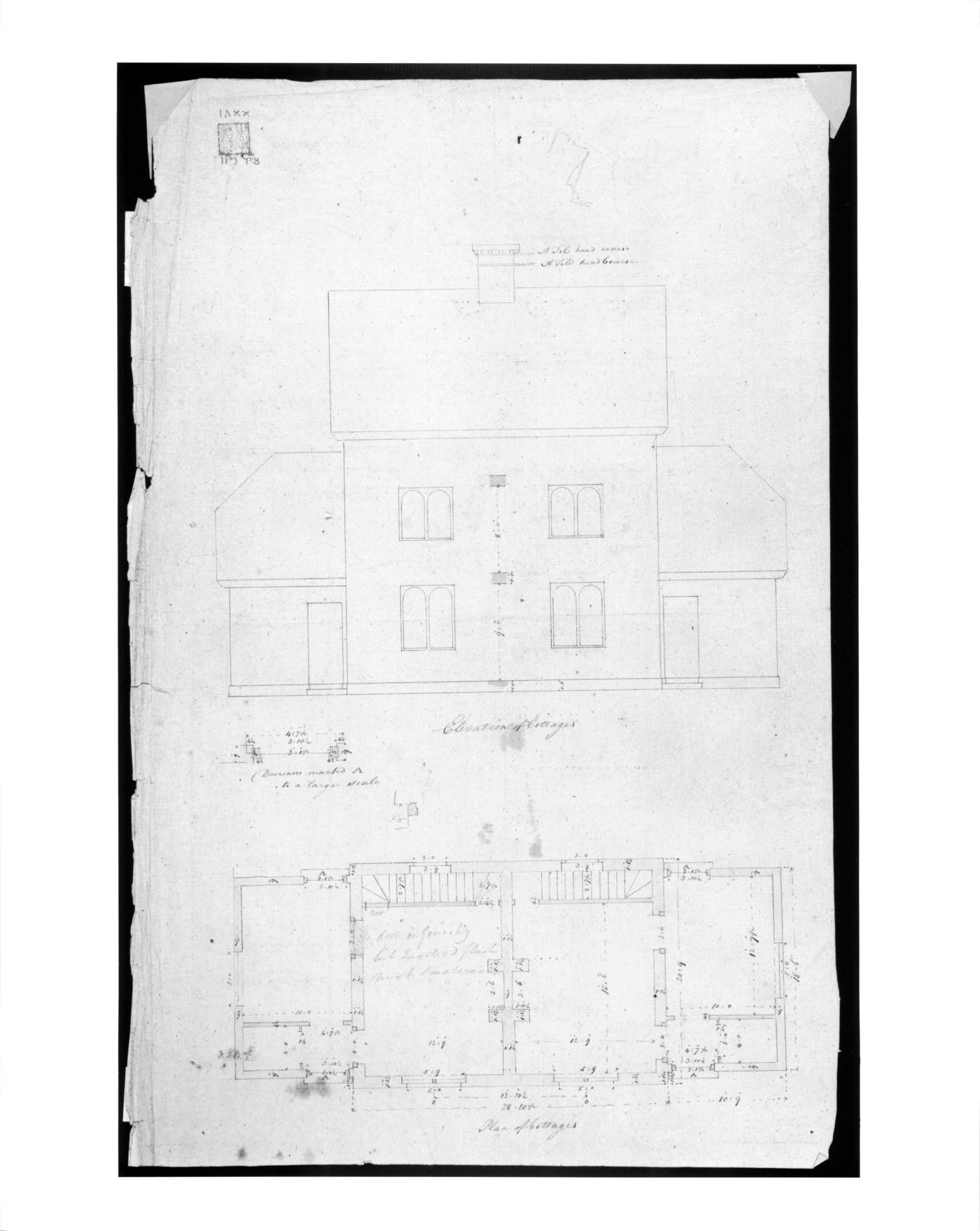 Design for Wimpole Hall, Cambridgeshire: measured plan and front elevation of a double cottage