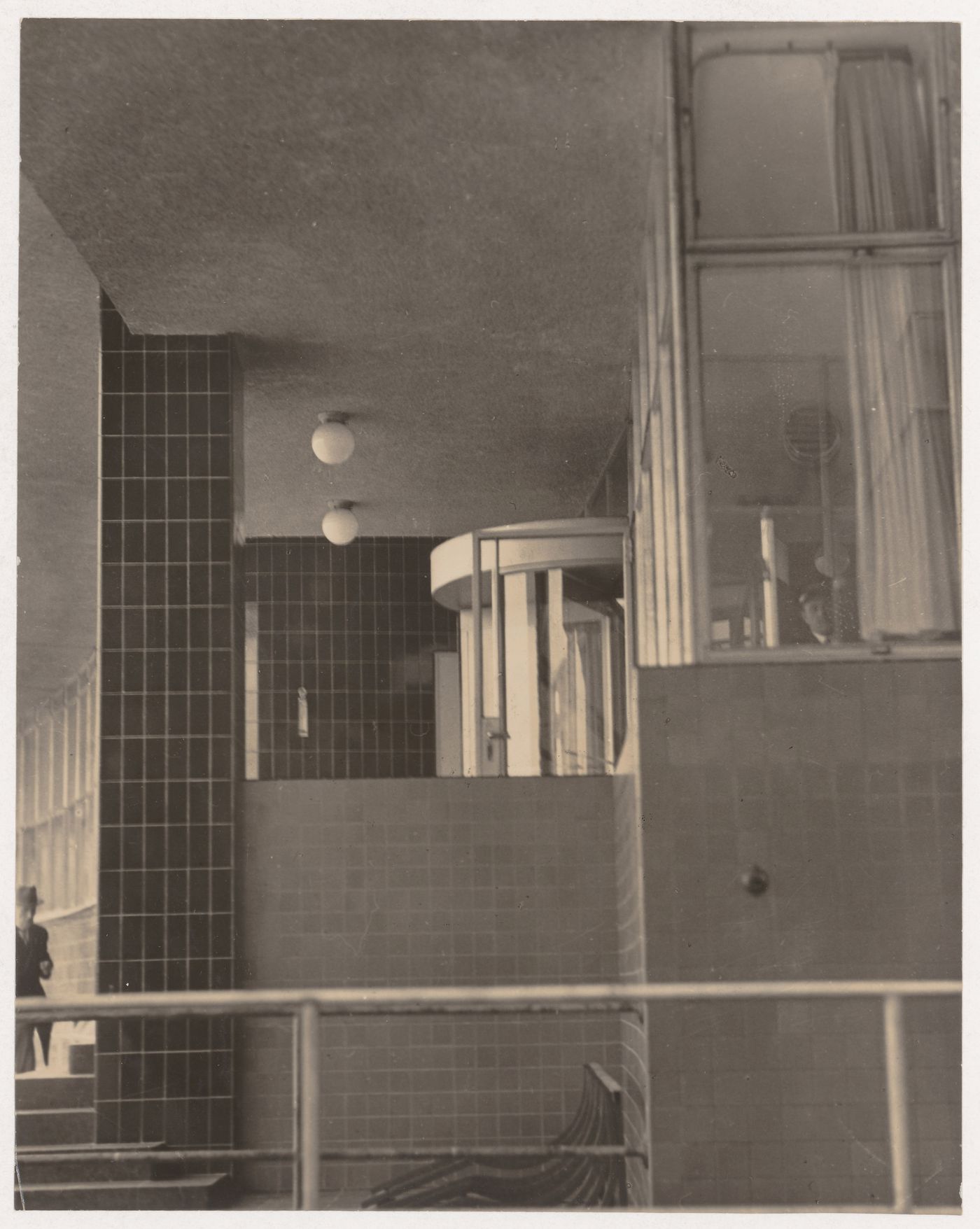 Exterior view of Van Nelle Factory showing an office building vestibule, Rotterdam, Netherlands