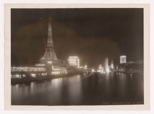 Night view of the Tour Eiffel, the Seine and Italy's, the USSR's and Germany's pavilions, 1937 Exposition internationale, Paris, France