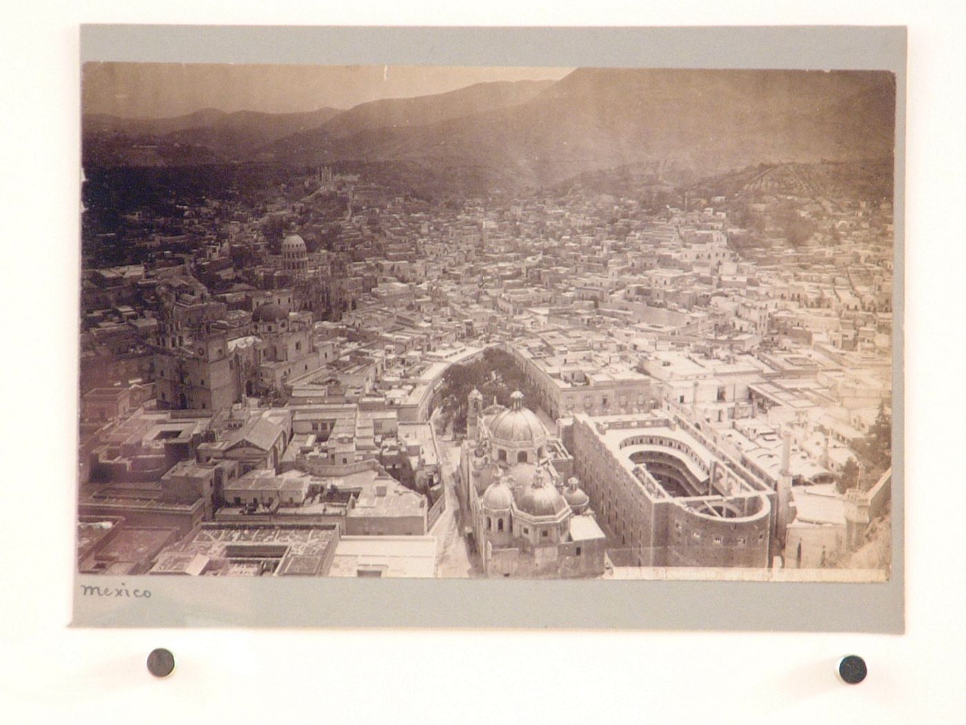 View of Guanajuato showing the Plaza Union de Jardin and a rear view of the Church of San Diego [?] in the foreground, with the Cathedral at the Plaza de la Paz on the left, Mexico