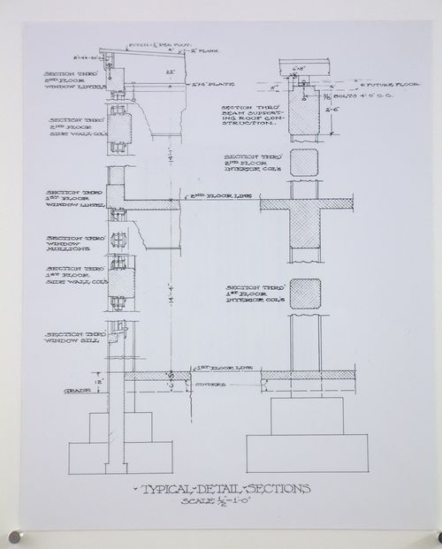 Photograph of a drawing showing sections of a wall and column of Assembly Building No. 10, Packard Motor Car Company Assembly Plant (now abandoned), East Grand Boulevard, Detroit, Michigan