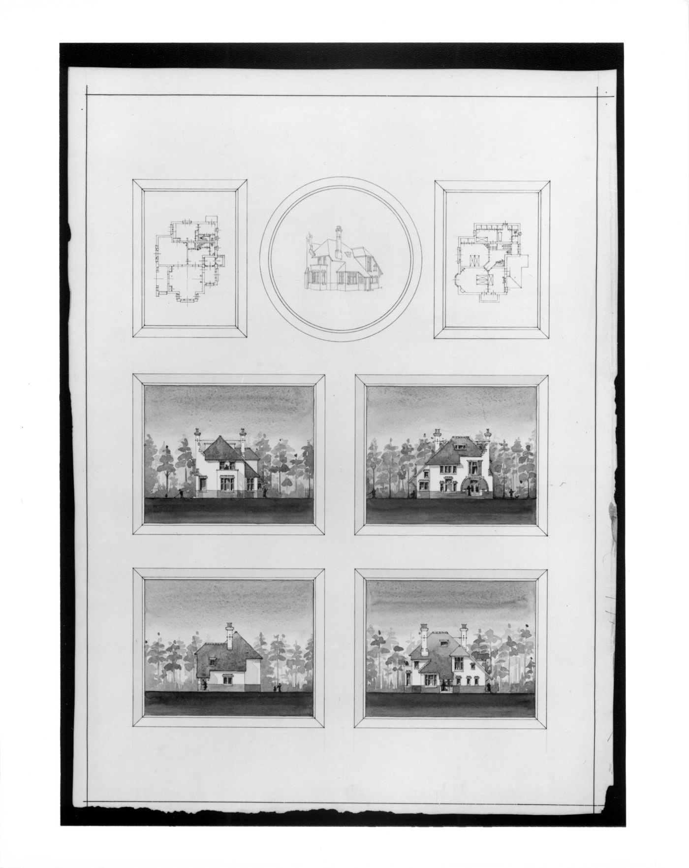 Perspective, ground and first floor plans and elevations for a house, Netherlands