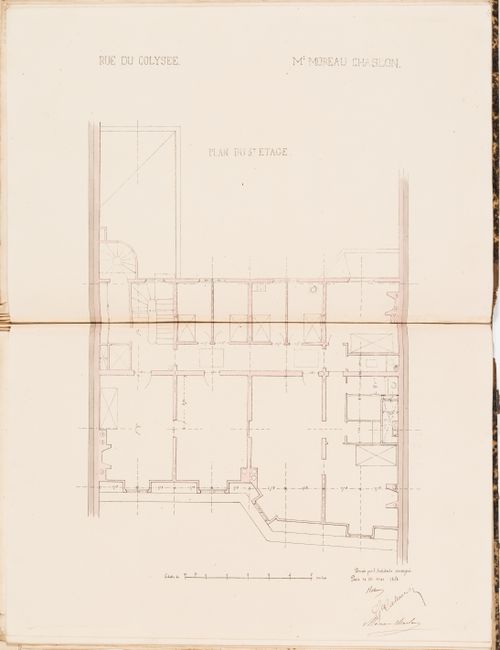 Contract drawing for a house for Monsieur Moreau Chaslon, rue du Colysée, Paris: Plan for the "3e étage"