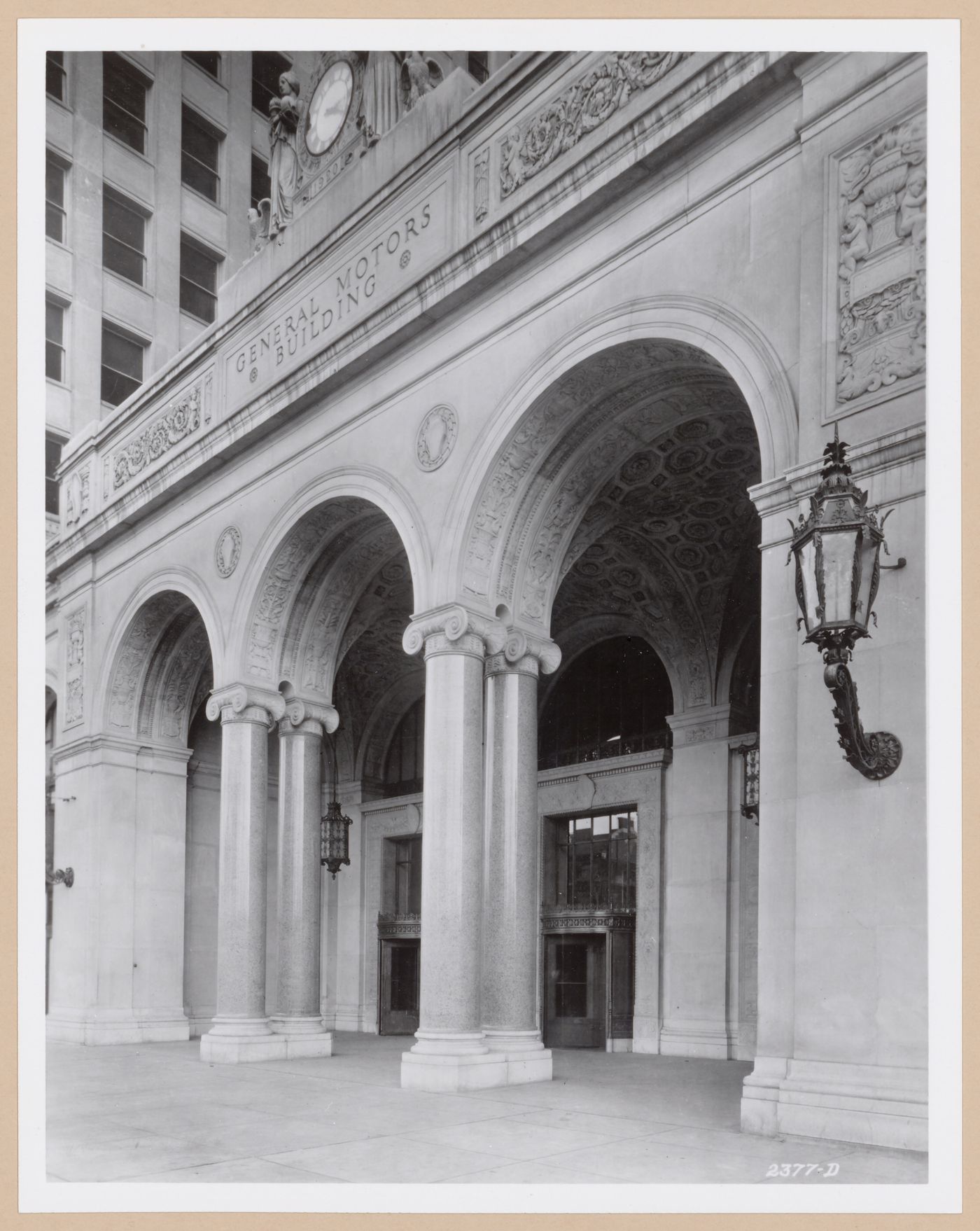 View of the main entrance to the General Motors Building, 3044 West Grand Boulevard, Detroit, Michigan