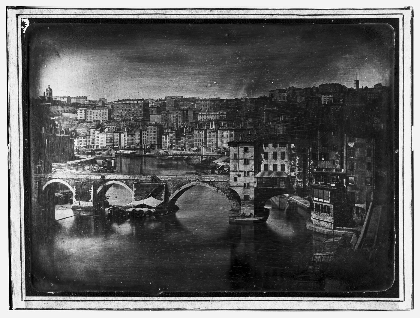 View of town and bridge, Lyon, France
