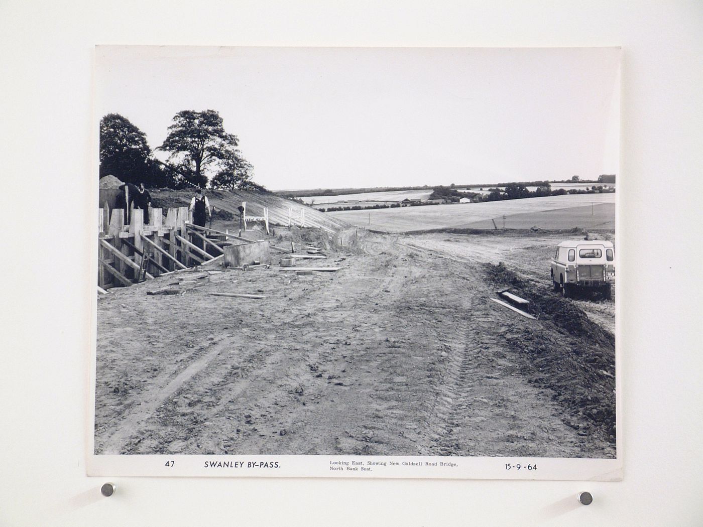 View looking east, showing new Goldsell Road bridge, north bank seat, during construction of the Swanley Bypass, England