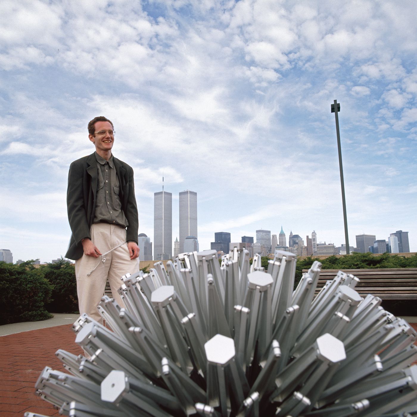 Chuck Hoberman with Expanding Geodesic Dome, Liberty State Park, Jersey City, New Jersey.