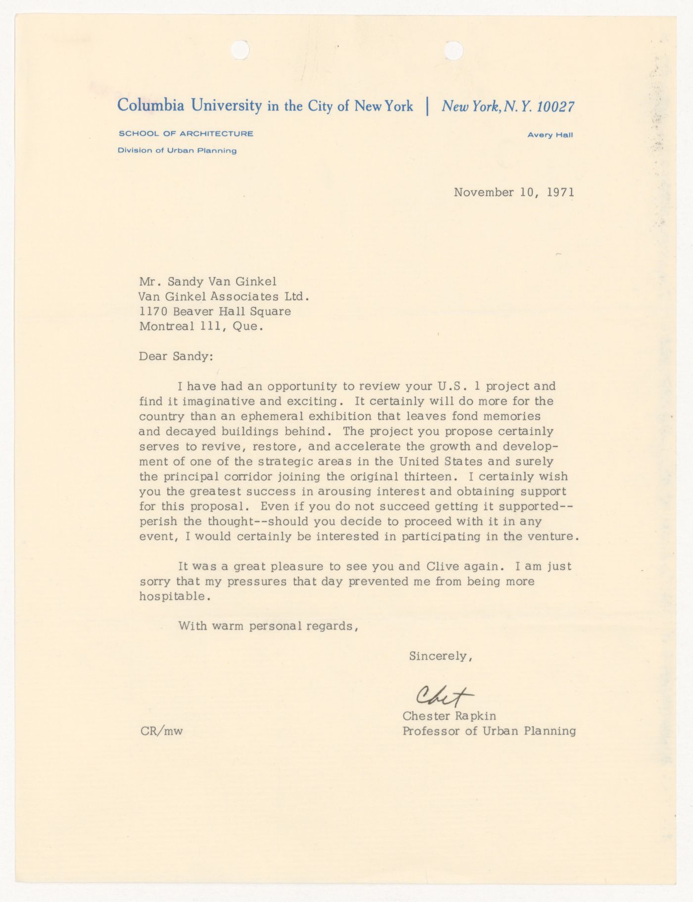 Letter from Chester Rapkin to to H. P. Daniel van Ginkel for United States One (U.S. 1)