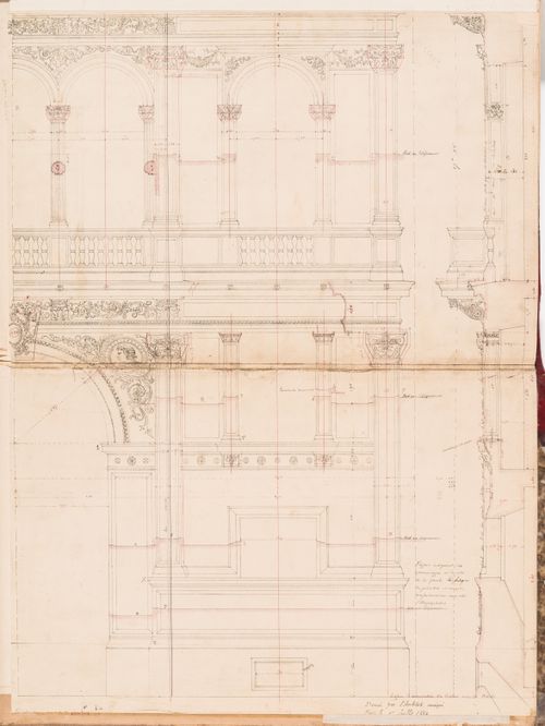 Half elevation, wall section and profile for the principal façade indicating the form of the rough cut stone, Hôtel Soltykoff; verso: Roof section, Hôtel Soltykoff