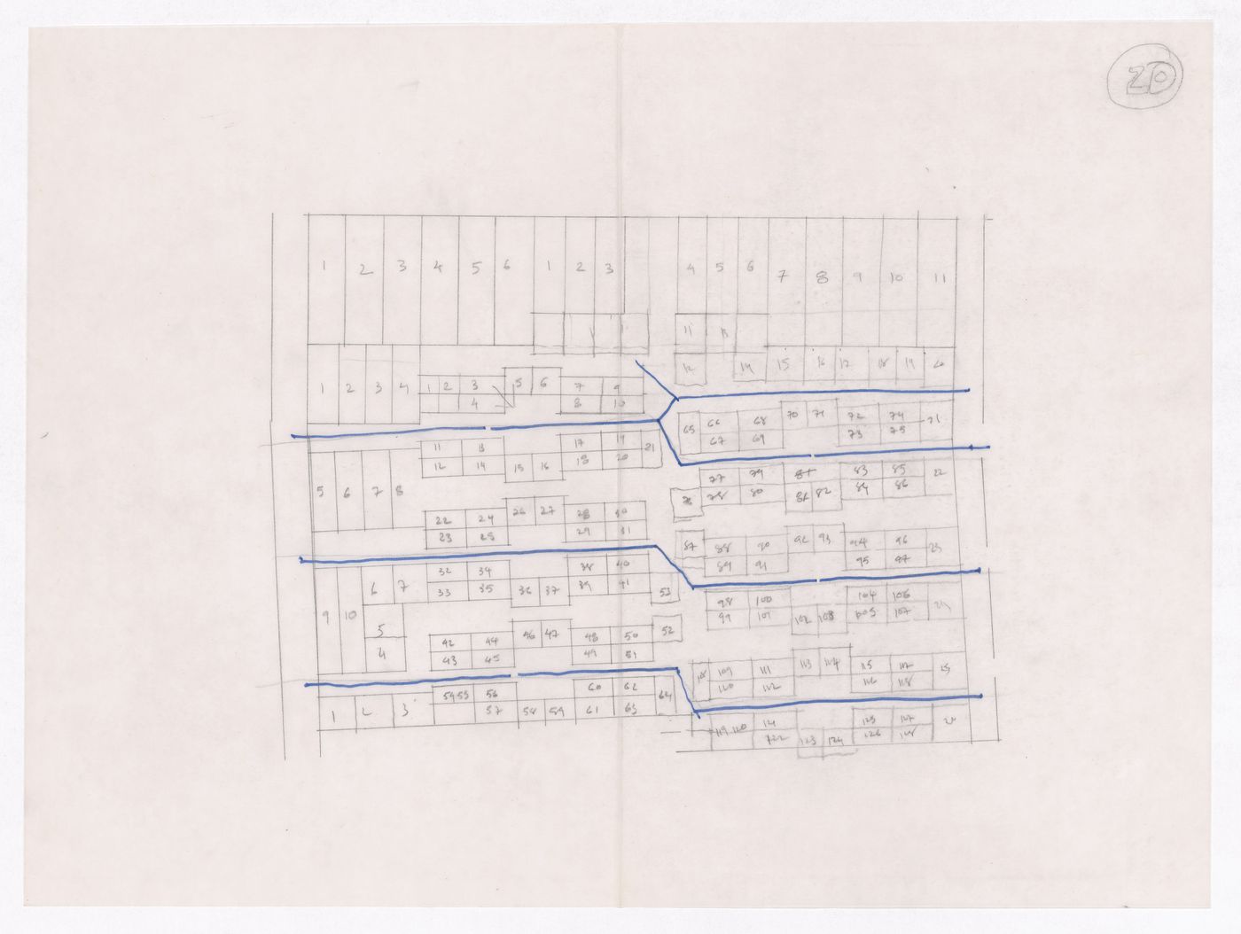 Sketch showing plots layout development for Minimum Cost Housing Group's plot in Aranya township, India, for Aranya Housing Project