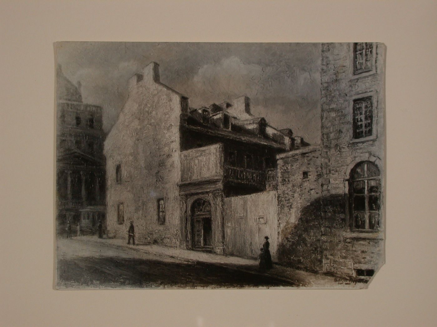 Photograph of a painting of old house at corner of rue St-Vincent and rue Notre-Dame