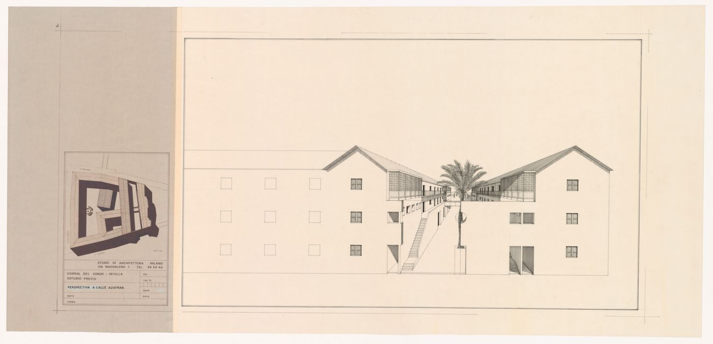Perspective and site plan for Corral del Conde, Seville, Spain