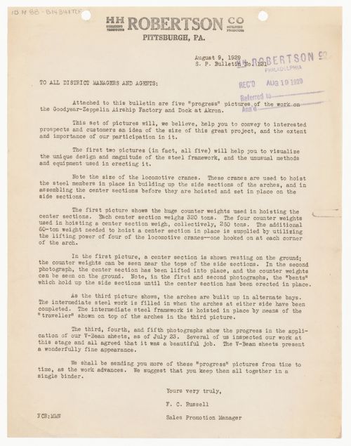 Correspondence from F.C. Russel to all district managers and agents of H.H. Roberston Co. Building Products describing the construction photographs of the Goodyear-Zeppelin airship factory and dock in Akron, Ohio, United States