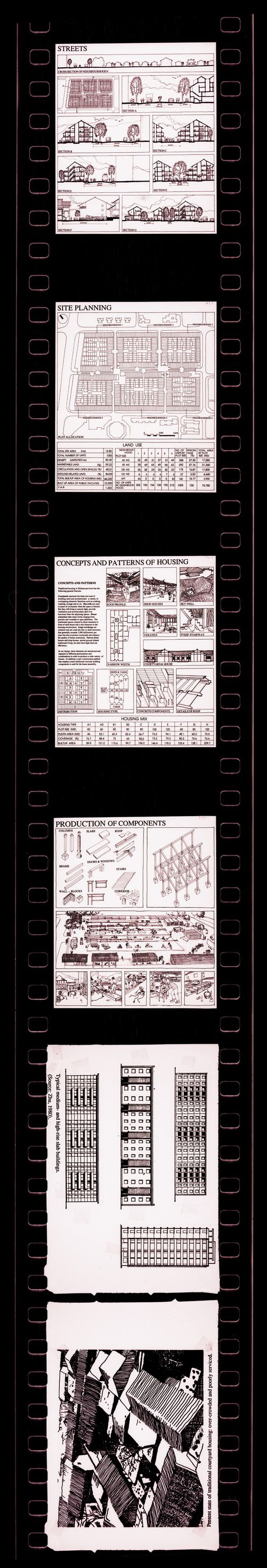 Negative strip of illustrations for the publication "Housing a Billion: Urban Upgrading: Design Ideals for Rural China" publication