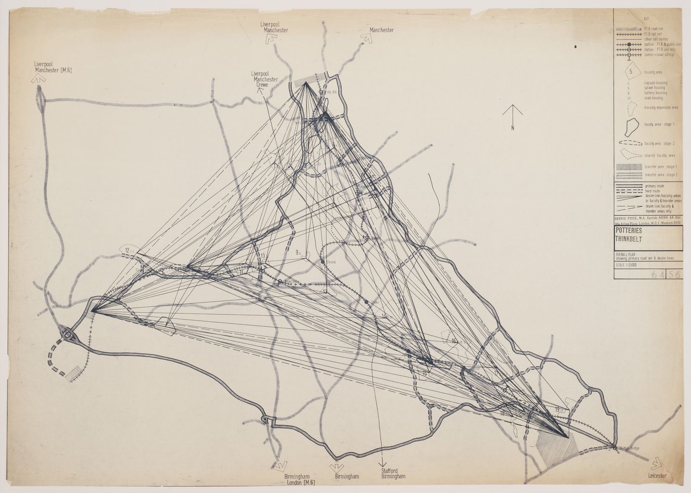 Overall plan showing primary road and desire line for the Potteries Thinkbelt