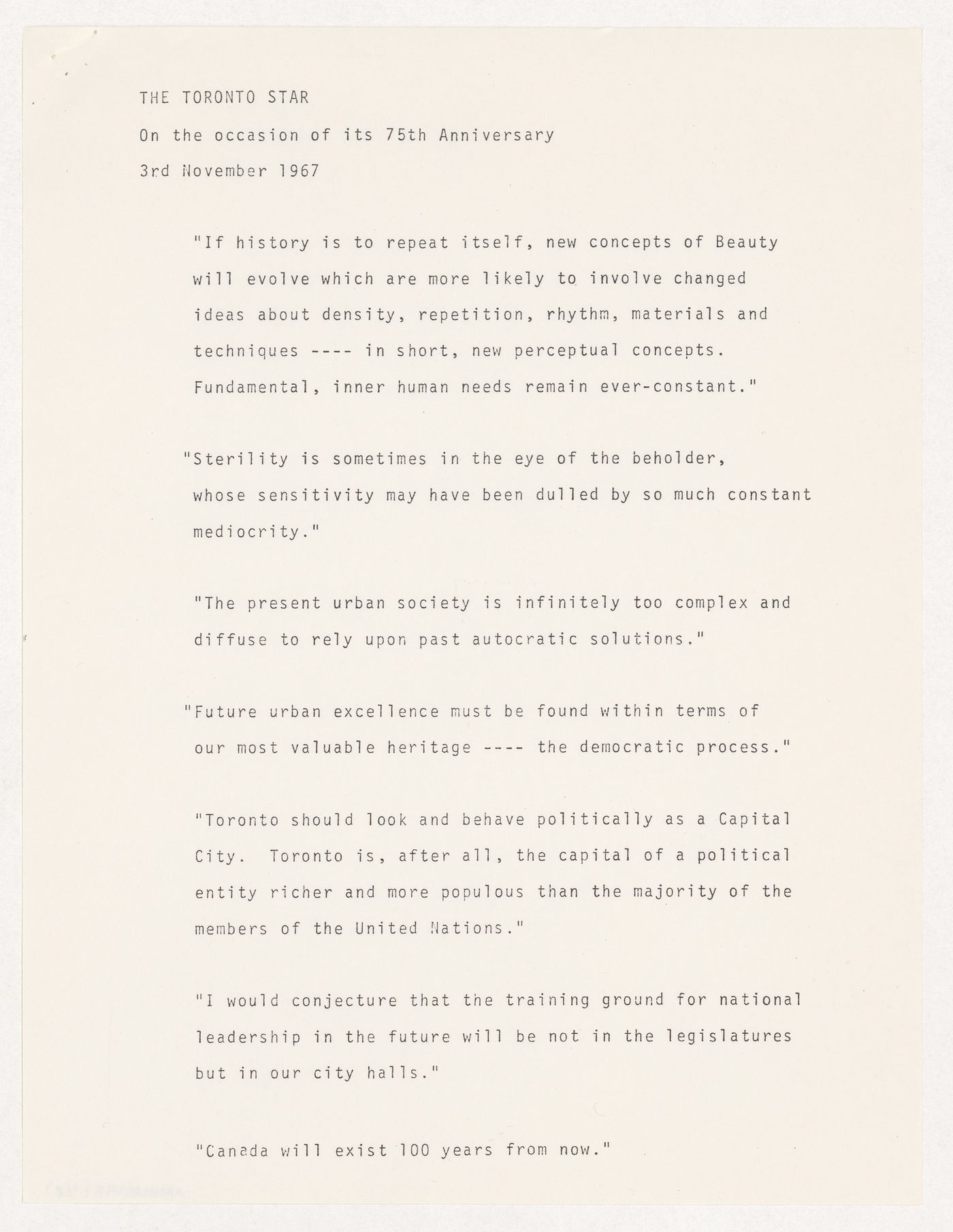 Quotations from Parkin speech given on the occasion of the Toronto Star's 75th anniversary
