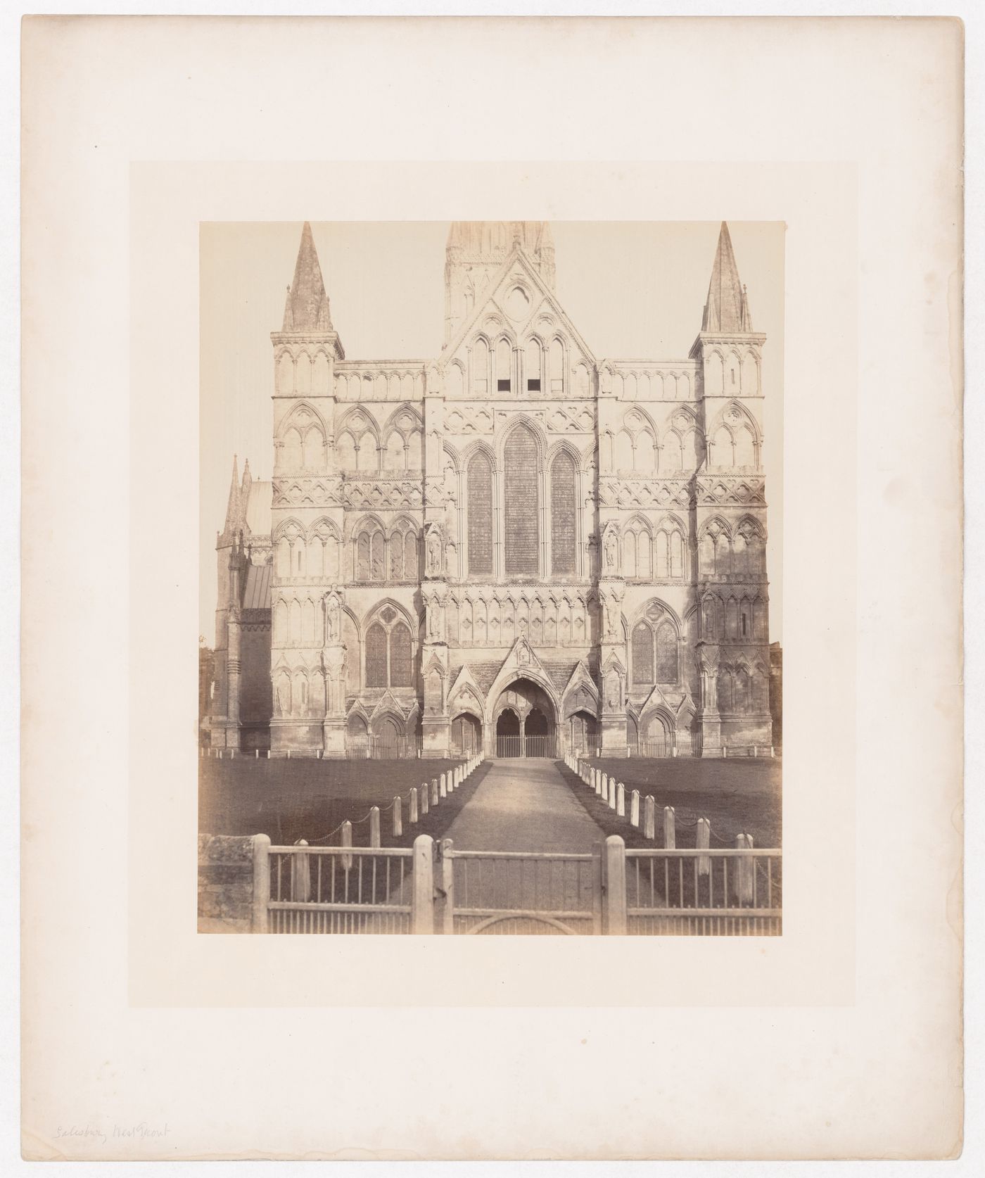 View of the west front of Salisbury Cathedral, gate in foreground, Salisbury, England