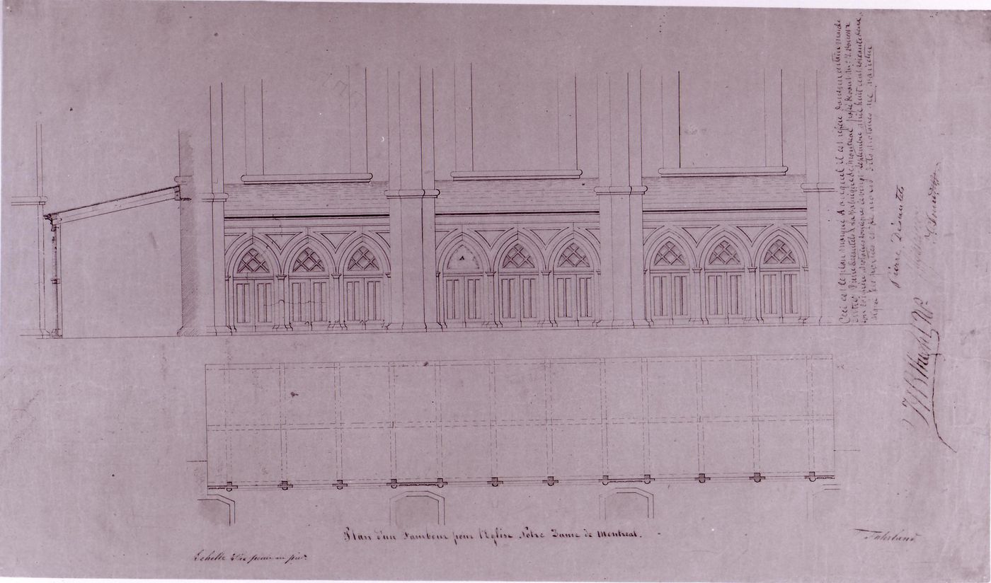 Plan, elevation and section for a bearing wall [?] for Notre-Dame de Montréal for the renovations of the 1860s