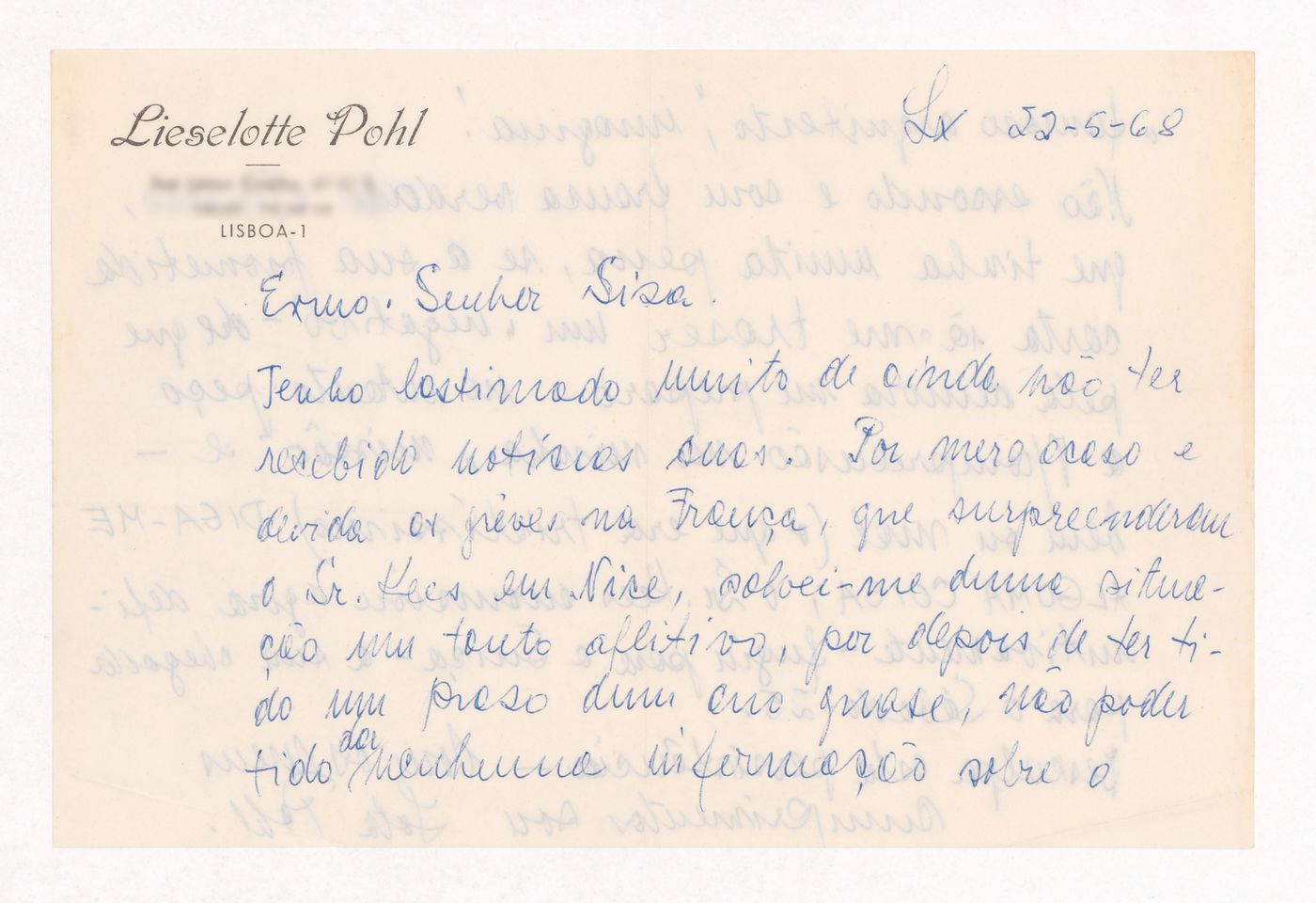 Correspondence from Lieselotte Pohl to Siza for Madame Lotte Pohl, Santiago do Cacém, Portugal